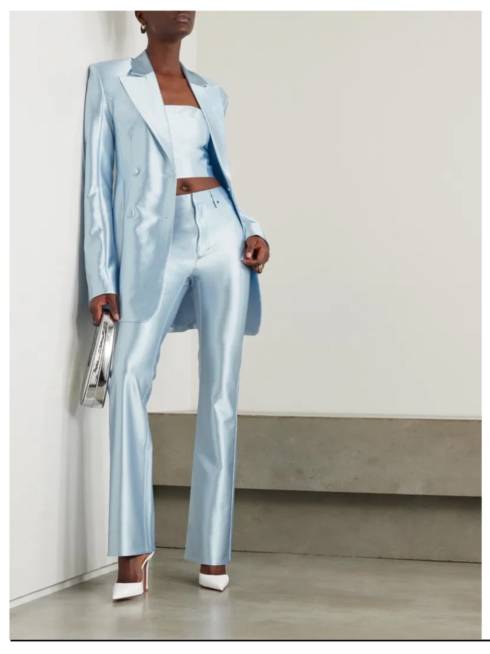 Light Blue Satin Tailored Pants - Women's Elegant Trousers